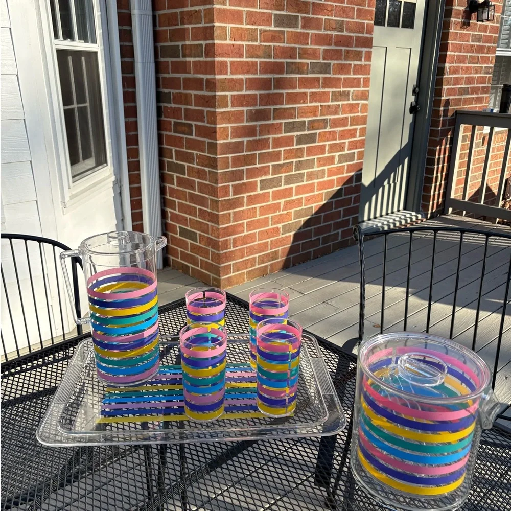 Vintage Libbey Acrylic Set - Pastel Stripe Pitcher, Tray, 4 glasses, Ice Bucket